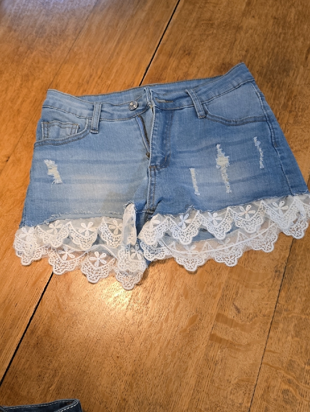 BUNDLE 3/$16. SHEIN Light Blue Distressed Denim Shorts with White Lace Trim
